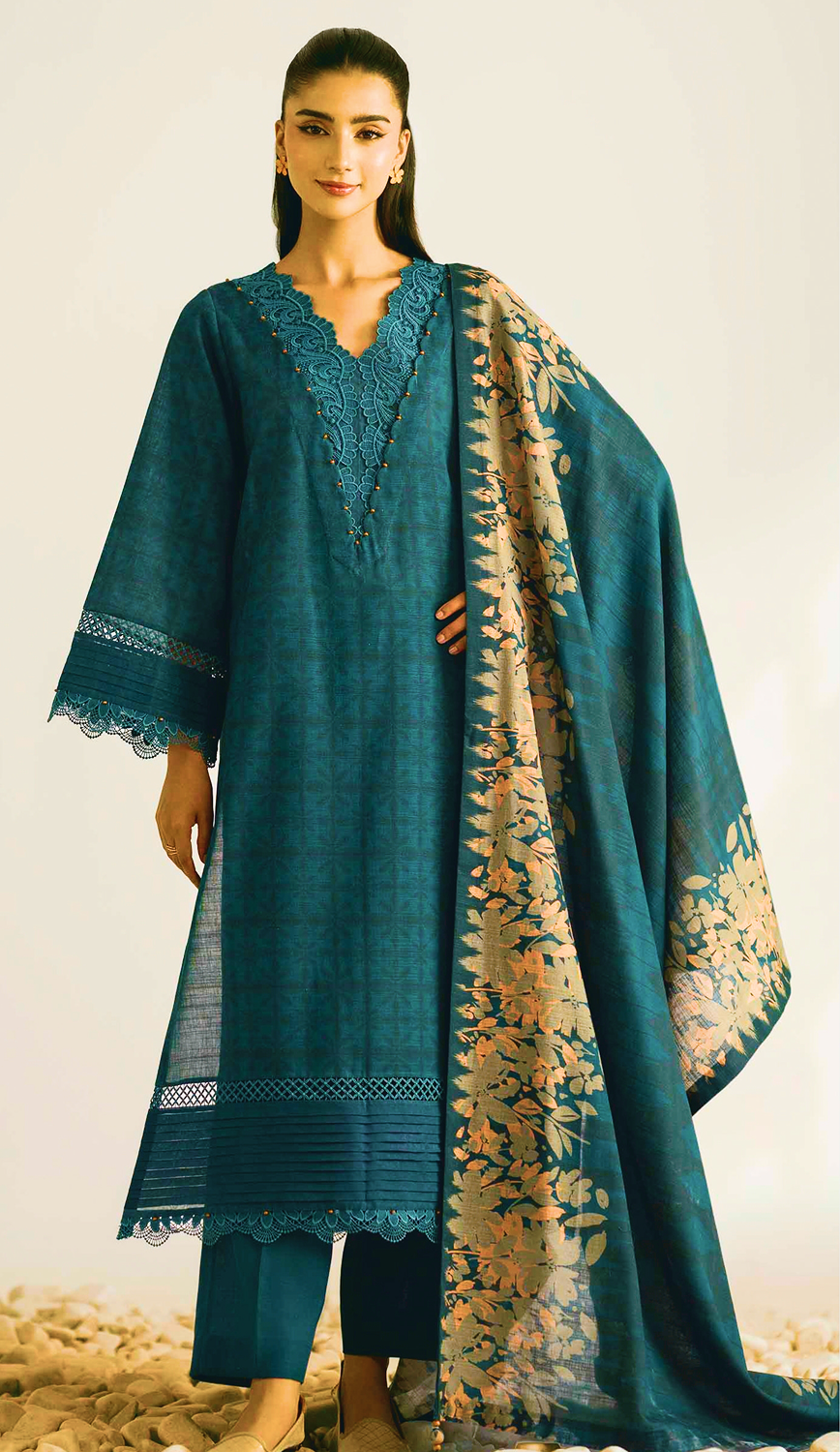 Printed Khaddar Suit – Teal Elegance