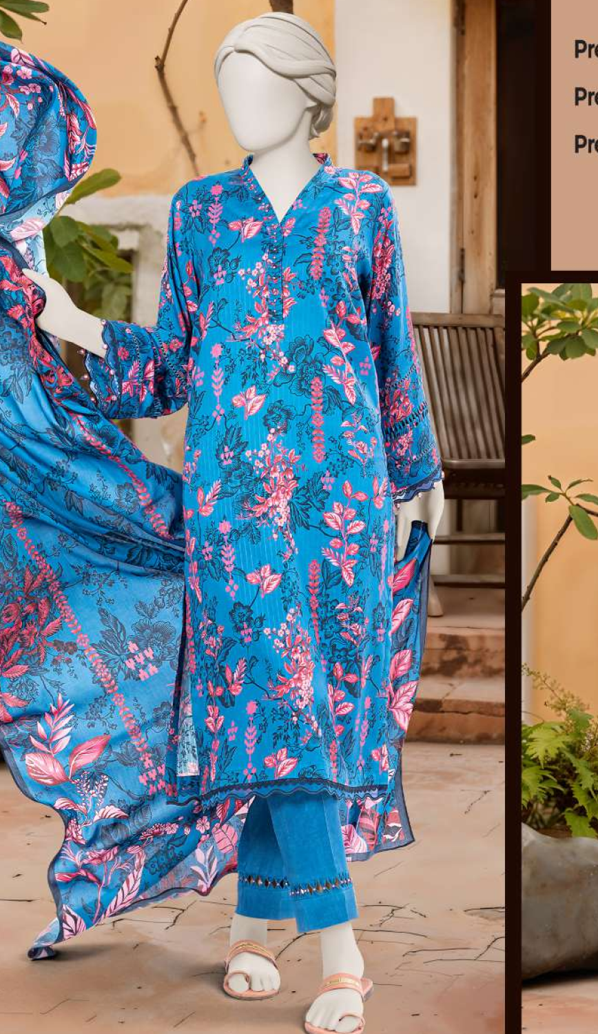 ✨ Premium 3-Piece Textured Viscose Suit – Blue Floral ✨