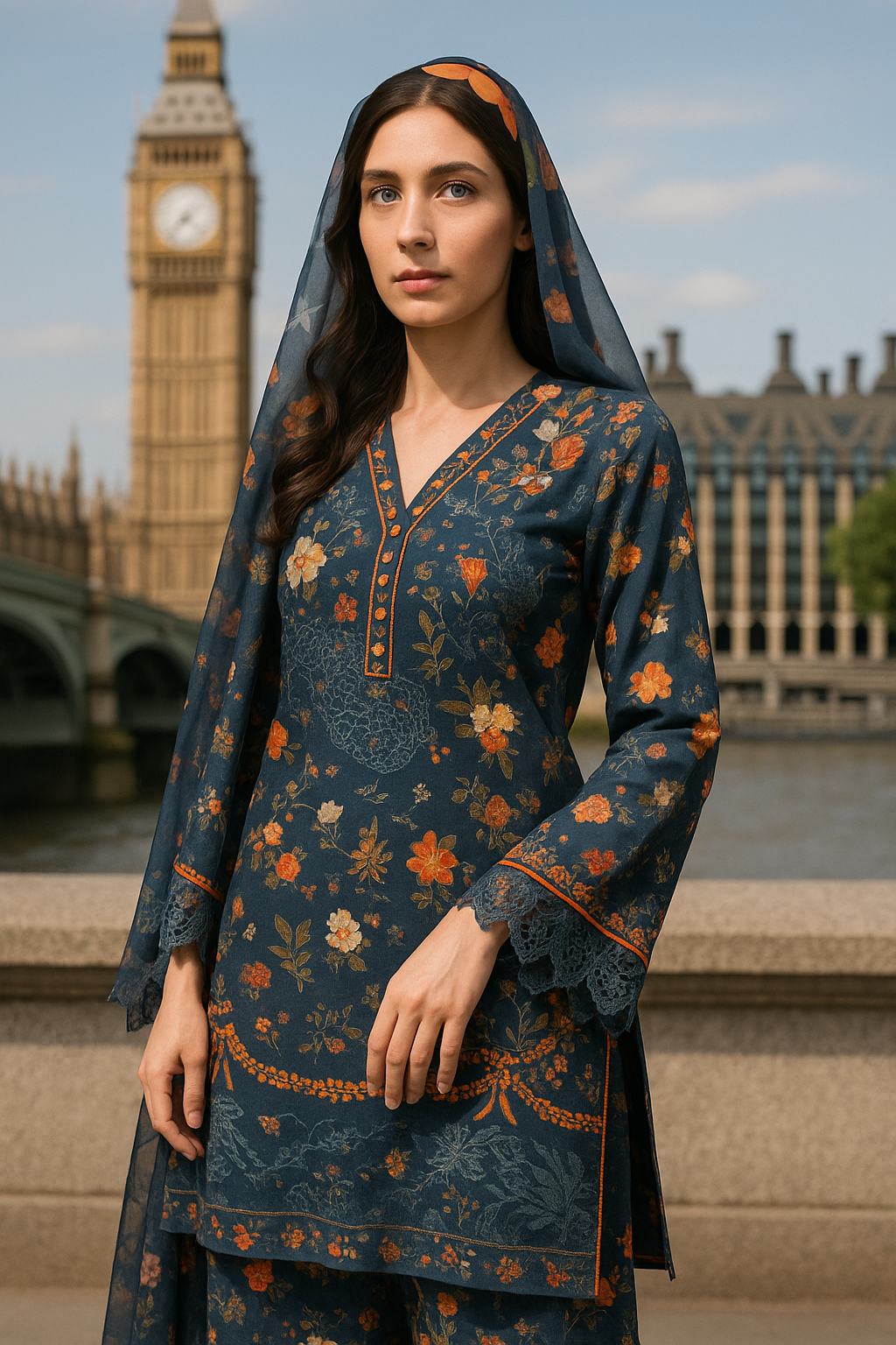Floral Embroidered Cotton Suit