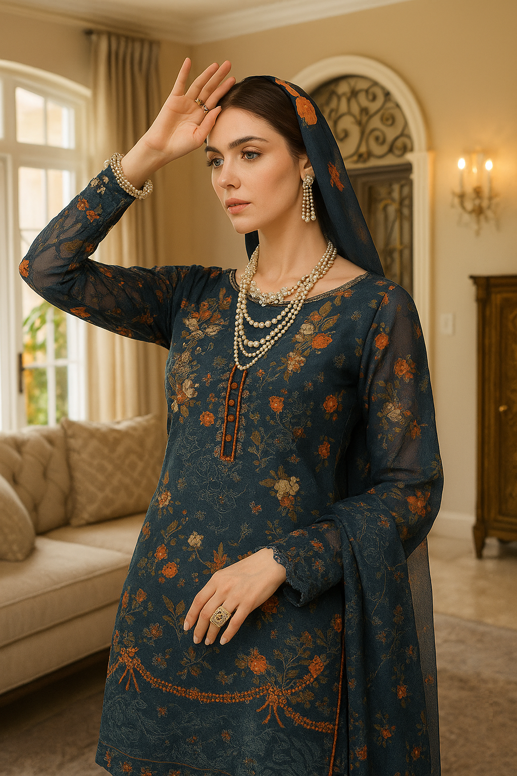 Floral Embroidered Cotton Suit