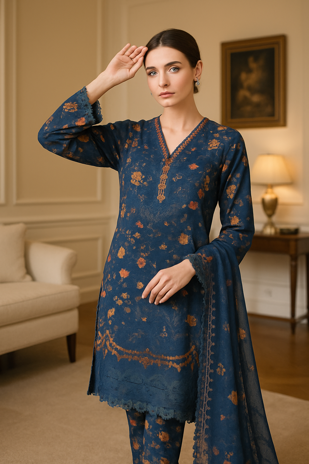 Floral Embroidered Cotton Suit